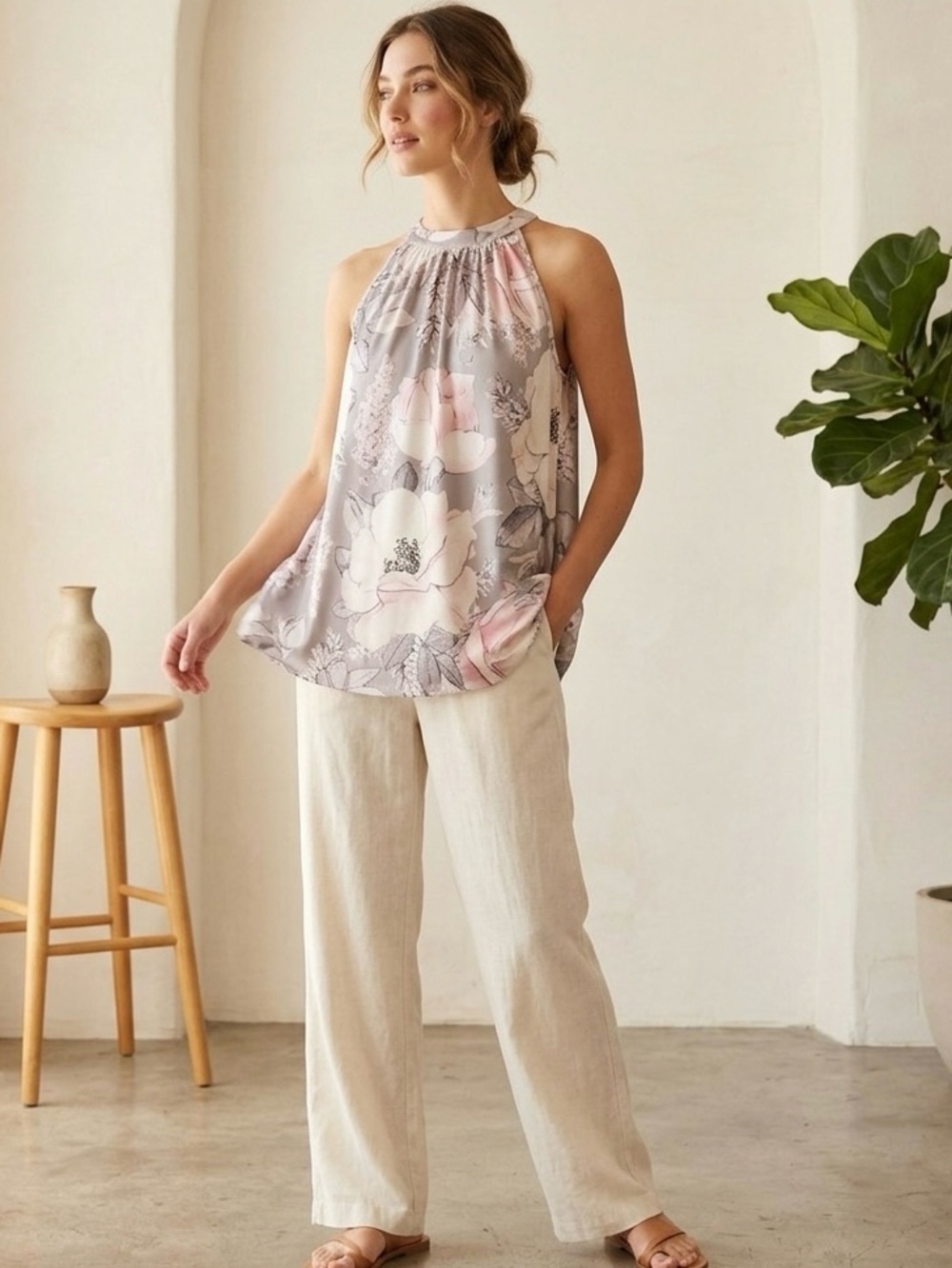 loveu.dear Floral Halter Neck blouse- Pink and Gray, women's size large